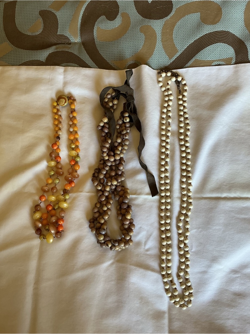 Set of 3 Beaded Necklaces - Yellow Orange, Brown, Cream